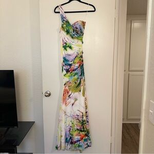 Jovani Watercolor Floral One Shoulder Jersey Evening Gown Formal Prom Dress